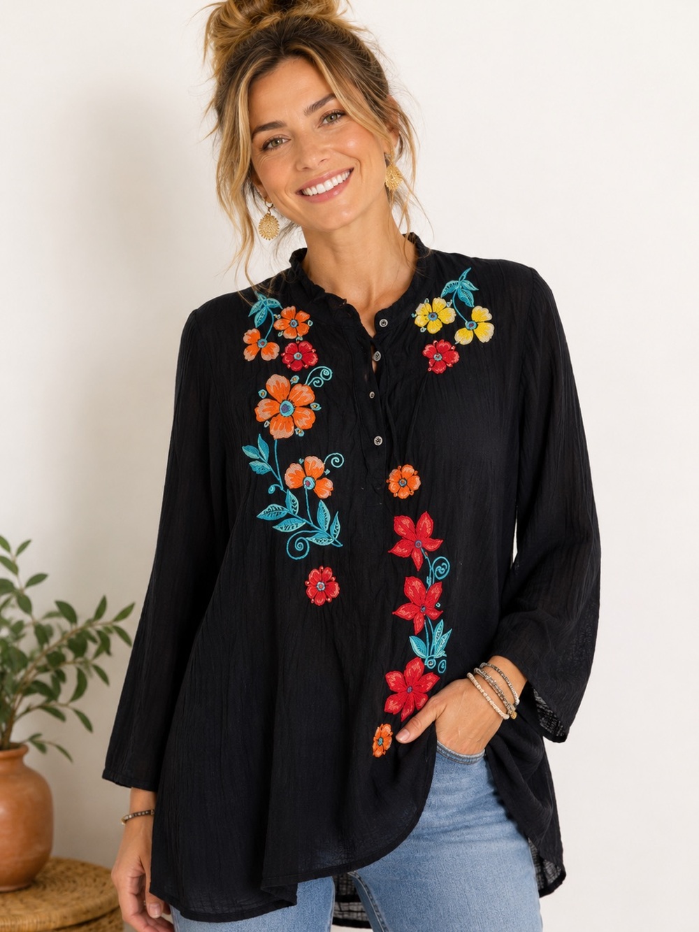 Johnny Was Black Tunic with Multicolor Floral Embroidery 💐